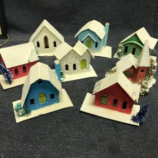 8 Vintage Christmas Putz Mica Glitter Village Cardboard Houses Made In Japan