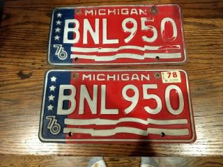 Pair Vintage 1976 Michigan Bicentennial License Plate Tags With 1978 Stickers