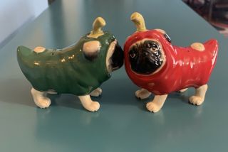Ceramic Kissing Pugs In Chili Pepper Costumes Magnetic Salt & Pepper Shakers