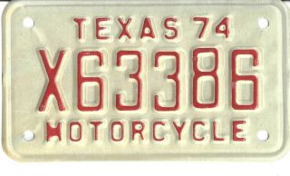 Texas 1974 License Plate - - X63386 - - Motorcycle