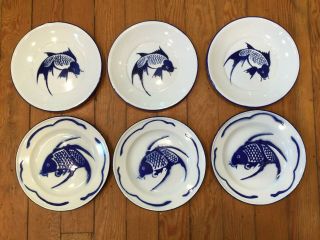 6 Vintage Blue White Enamel Koi Fish Butterfly Brand Metal Plates 9 1/2 "