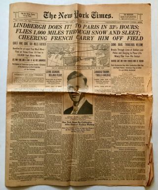Rare Vintage 1927 Charles Lindbergh Plane To Paris York Times Newspaper