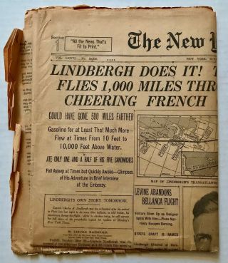 RARE Vintage 1927 Charles Lindbergh PLANE TO PARIS York Times NEWSPAPER 6