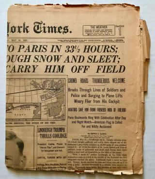 RARE Vintage 1927 Charles Lindbergh PLANE TO PARIS York Times NEWSPAPER 7