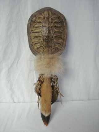Native American Indian Ceremonial Turtle Shell Rattle Deer Hoof Leg Handle Fur