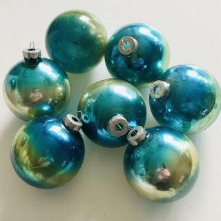Set Of 7 Vintage Mercury Glass Ornaments Hombre Varigated Peacock Blue Green Usa