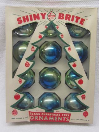 12 Vintage Shiny Brite Christmas Ornaments Blue Green Ombre Two Toned