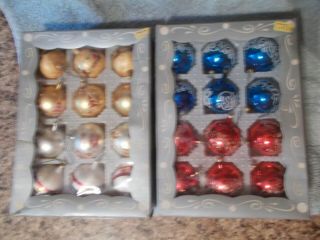 2 Boxes Of Vintage Glass Christmas Ornaments 1 1/2 " Balls Red Blue Gold Great