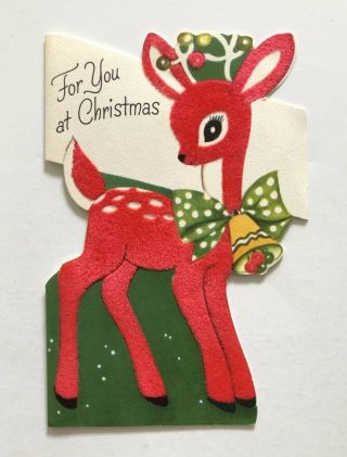 Vintage Rust Craft Christmas Card Die Cut Red Flock Deer Fawn Bell Bow Ornament