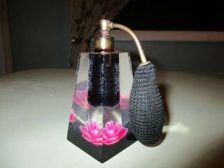 Vintage Perfume Bottle With Atomizer By Jane Art Elmhurst Acrylic W/pink Rose