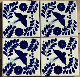 10 Talavera Mexican Pottery 4 " Tile Classic Cobalt Blue White Bird Dove Leaves