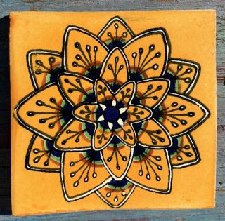 10 Talavera Mexican Pottery Tile 4 " Classic Traditional Gold Yellow Peacock