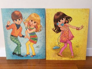2 Large Mod Big Eye Eyed Girls & Boy Cardboard Prints By Lee Vintage 1960 