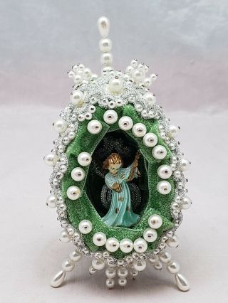 Vtg 5 " Handmade Pin Bead Velvet Christmas Ornament Diorama Angel Green And White