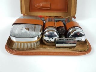 COMPLETE - 1950 ' s Mens Tan Leather & Chrome Plated Grooming Set $1 EOFY 2