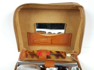 COMPLETE - 1950 ' s Mens Tan Leather & Chrome Plated Grooming Set $1 EOFY 4