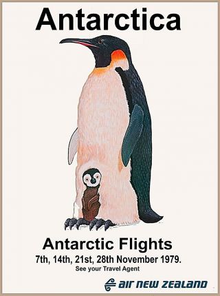 Antarctica Air Zealand Penguin & Baby Vintage Travel Advertisement Poster