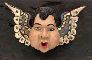 Carved Wood Angel Mask Mexican Folk Art Winged Chubby Cheeks Cherub 16”