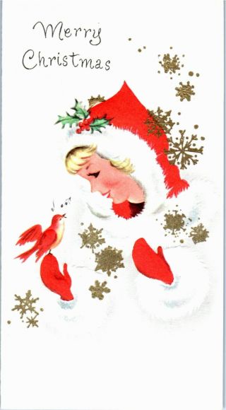 Pretty Girl Lady Woman Santa Claus Coat Bird Red Vtg Christmas Greeting Card