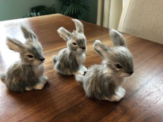 Woodland Figurines Rabbit Faux Fur Tree Ornament Gray & White Set Of 3