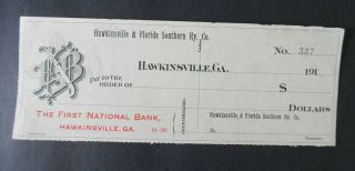 1910s Georgia Hawkinsville & Florida Southern Ry Co Bank Check