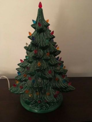 Vintage Green Ceramic Christmas Tree With Holly Base