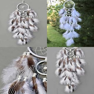 Handmade Native American Indian Dream Catcher White W Real Feathers & Wood Beads