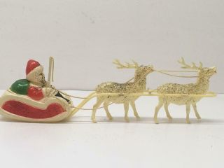 Antique Celluloid Santa In Sleigh Being Pulled By Reindeers Vtg Christmas