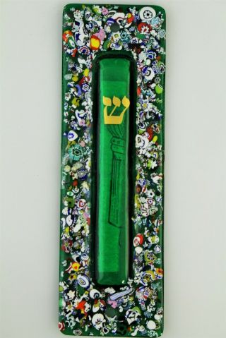 Murano Italian Art Glass Judaica Mezuzah Emerald Green Milifiori Door Blessing