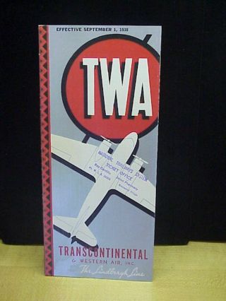 Vintage Twa Transcontinental & Western Air,  Lindbergh Timetable & Brochure 1938