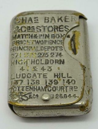 Antique Advertising Brass Match & Pin Box Chas Baker Outfitters Vesta London