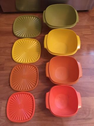Vintage Tupperware 8 Pc Servalier Complete Bowl Set And Lids Harvest Colors