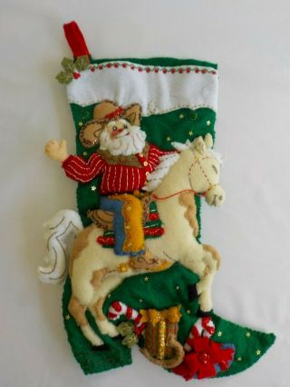 Santa Cowboy Horse Finished Handmade Christmas Stocking Felt Boot Dimensional