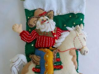 Santa Cowboy Horse Finished Handmade Christmas Stocking Felt Boot Dimensional 3