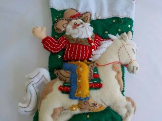 Santa Cowboy Horse Finished Handmade Christmas Stocking Felt Boot Dimensional 6