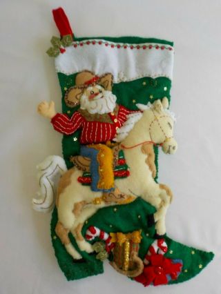 Santa Cowboy Horse Finished Handmade Christmas Stocking Felt Boot Dimensional 8