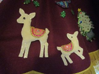Vintage Felt Christmas Tree Skirt Reindeer Santa Ornaments Gold Trim Sequins