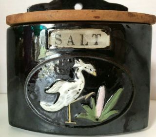 Vintage Occupied Japan Brown Ceramic Salt Box With Wooden Lid Hand - Painted Bird