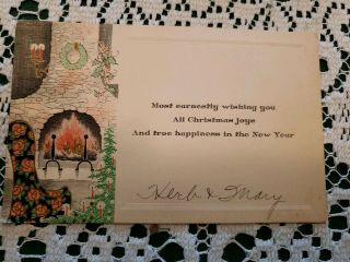 Vintage Art Deco Era Christmas Greeting Card Merry 1930s Signed Old Home Fire