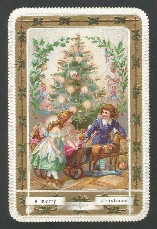 D60 - Children And Toys In Front Of The Christmas Tree - Ornate Victorian Card