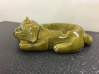 Vintage USA POTTERY Green Sleeping Cat Ashtray / Pipe Holder RC 42 2