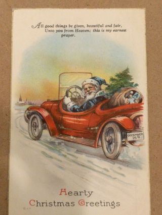 1900s Christmas Santa Driving Car Postcard 5.  5 X 3.  5
