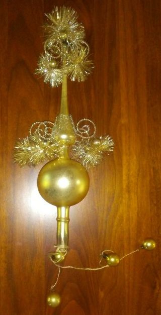 Vintage West Germany Tall Tree Topper Blown Mercury Glass Gold Wire Wrapped
