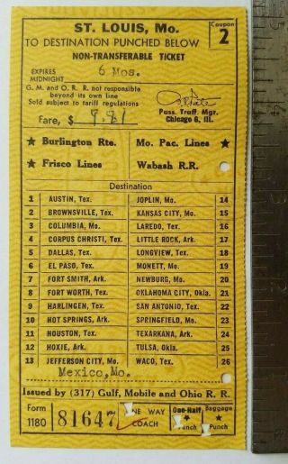 1969 Wabash Railroad Bloomington Il St.  Louis Missouri Mexico Mo Rr Ticket Pass