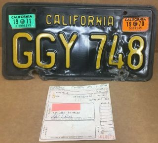 Rare 1963 Dmv Clear - (california) - Ggy 748 License Plate - & - Cadillac Pink Slip