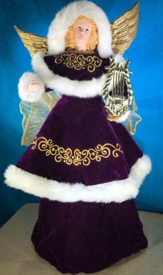 Angel Tree Topper W/pretty Purple Dress W/gold Embroidery W/white Faux Fur Gold