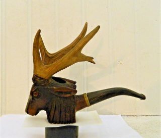 Antique German Hand Carved Glass Eyed Elk Buryere Tabacco Pipe