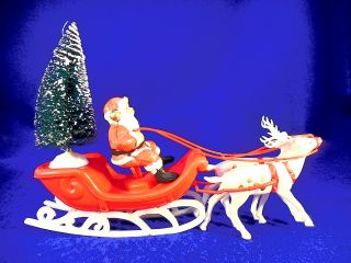 Vintage 50s Santa And Sleigh With 2 Reindeer Blow Molded