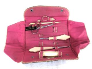 Antique Manicure Set In Celluloid Handles And Leather Case A32