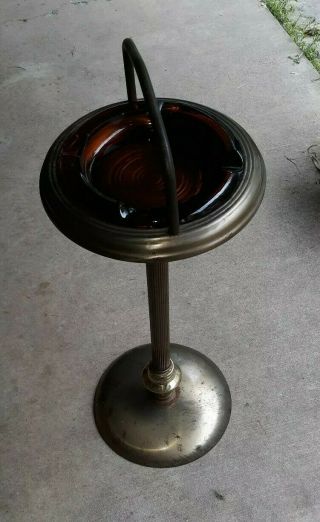 Vintage Smoke Stand Floor Ashtray With Pressed Amber Glass Ashtray